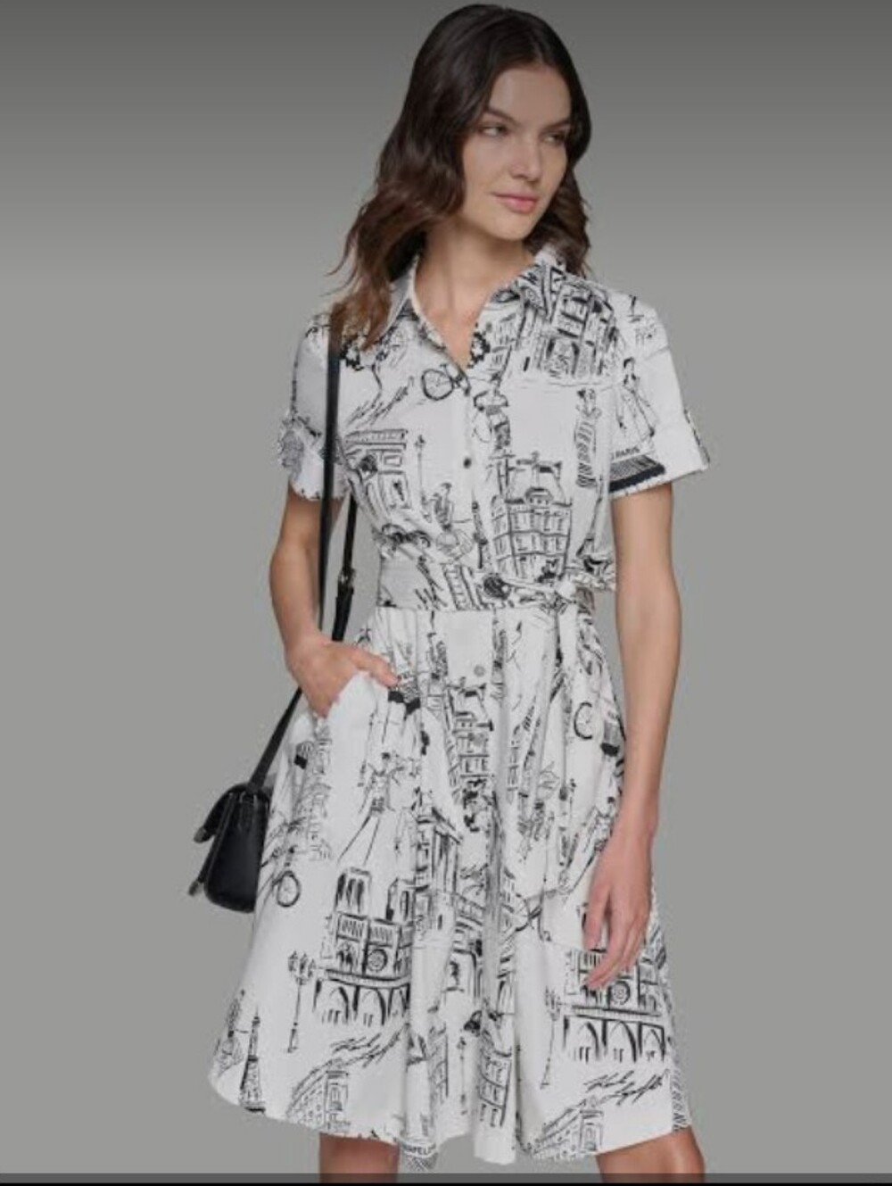 Karl Lagerfeld Toile Sketch White and Black Printed Shirt Dress